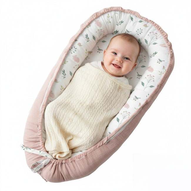 LADIDA Baby Nest Pod 100% Cotton, Soft Breathable & Washable | Ideal for infants aged 0–12 months, wraparound design delivers a cosy space for little boys and girls indoors (Pink) Main Image