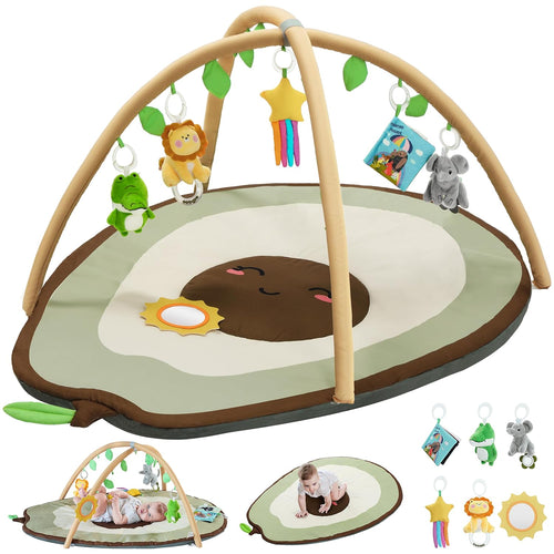 LADIDA Baby Play Mat - Large Avocado Shaped Playmat with 6 Detachable Toys | Newborn Activity Gym for 0+ Months| Sensory Playmat for Motor Skills,Washable Infant Baby Essentials