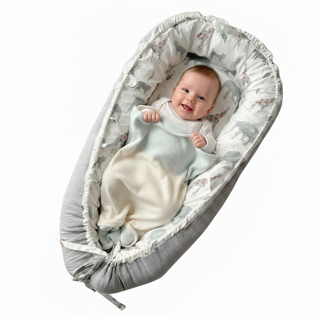 LADIDA Baby Nest Pod 100% Cotton, Soft Breathable & Washable | Ideal for infants aged 0–12 months, wraparound design delivers a cosy space for little boys and girls indoors (Grey Elephan)