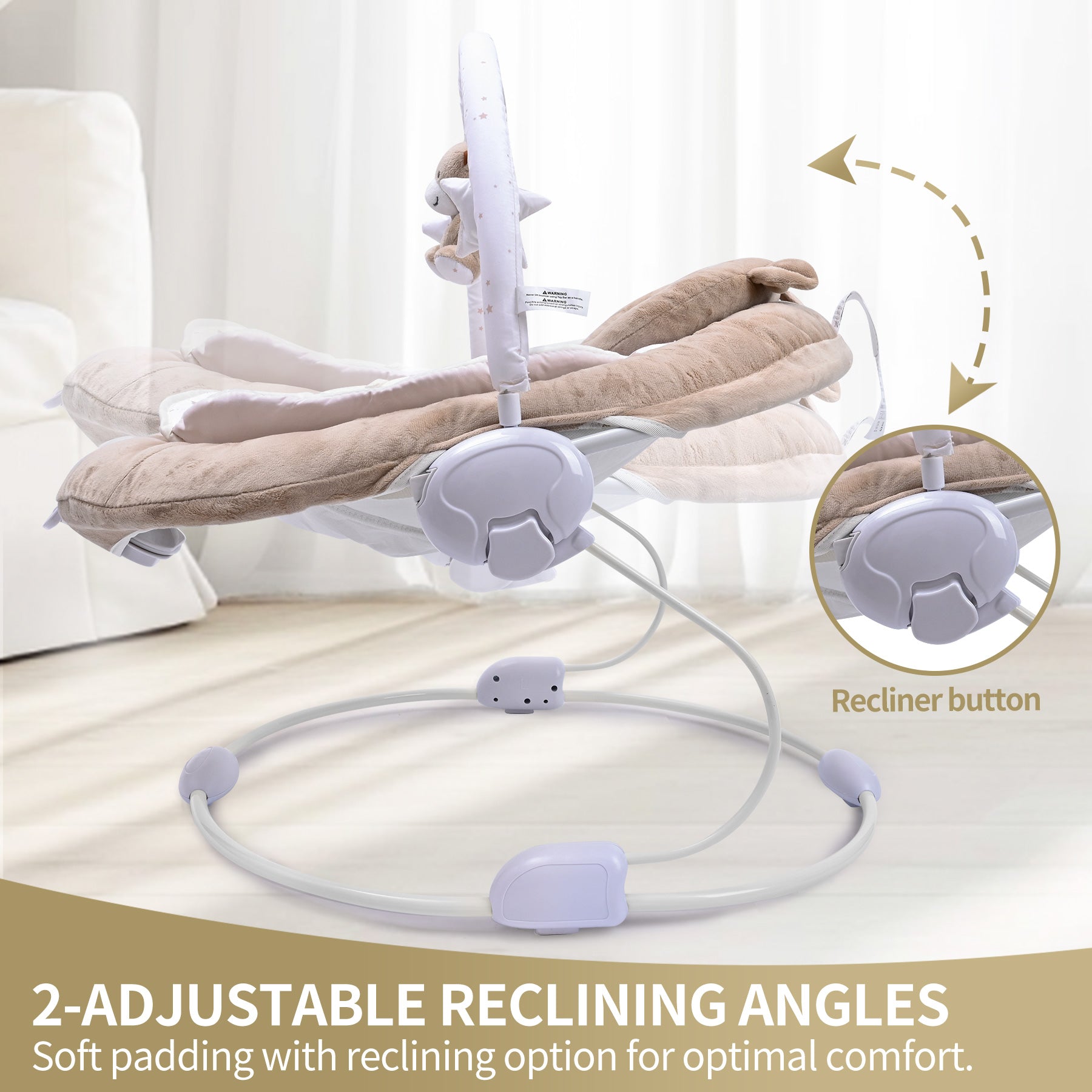 LADIDA Brown Teddy Bear Soft Padded Reclinable Baby Bouncer with Music, White Noise, Viberation - 78