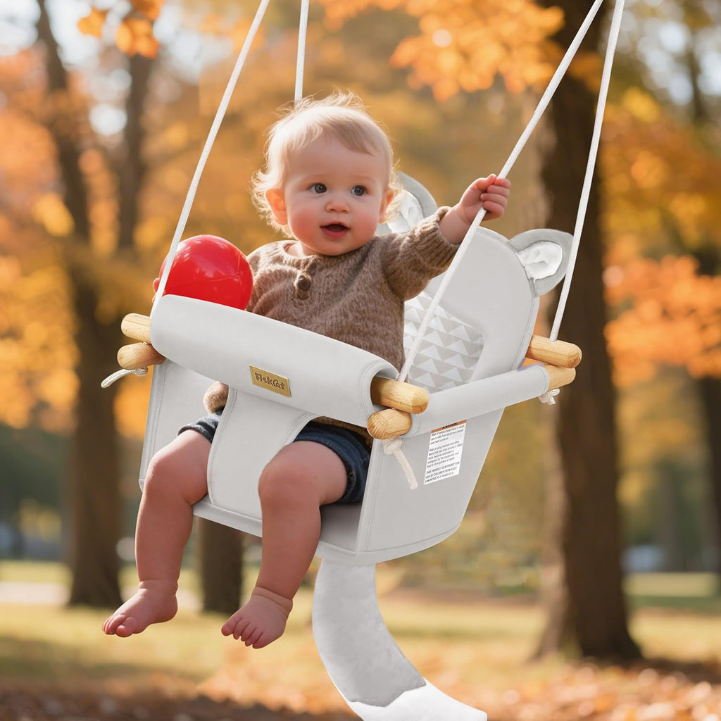 LADIDA Wooden Baby Swing with Soft Safety Belt, Infant Swing Seat for Indoor & Outdoor Use, Adjustable Height, Includes Mounting Hardware – Suitable for Babies & Toddlers