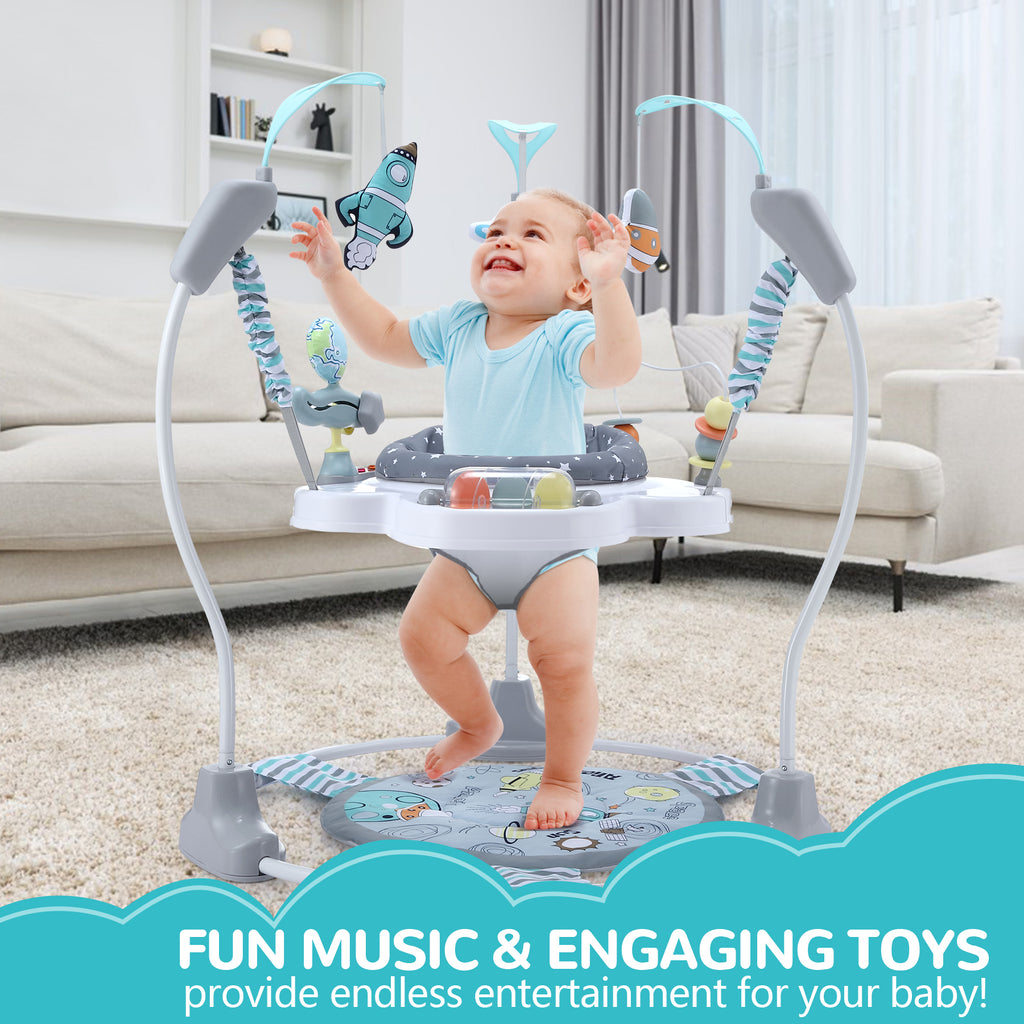 LADIDA Stationary Jumperoo Baby Bouncer Chair Acrobat - 360° Rotating Seat, Musical Toys, and Adjustable Heights (Space Tour Grey)