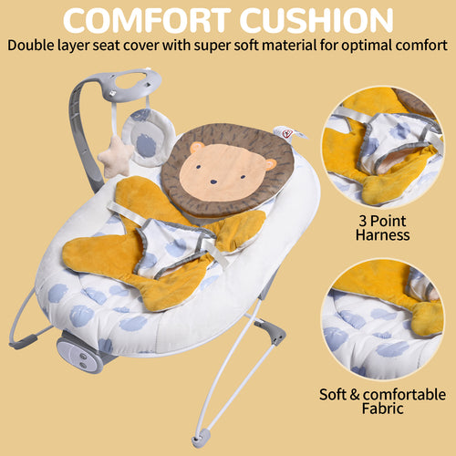 LADIDA Lion Baby Bouncer from Birth 0-6 Months, Vibrating Infant Seat with Removable Toy Bar,Baby-Rocker with 3 Speeds and 8 Soothing Songs, Portable and Lightweight (401)