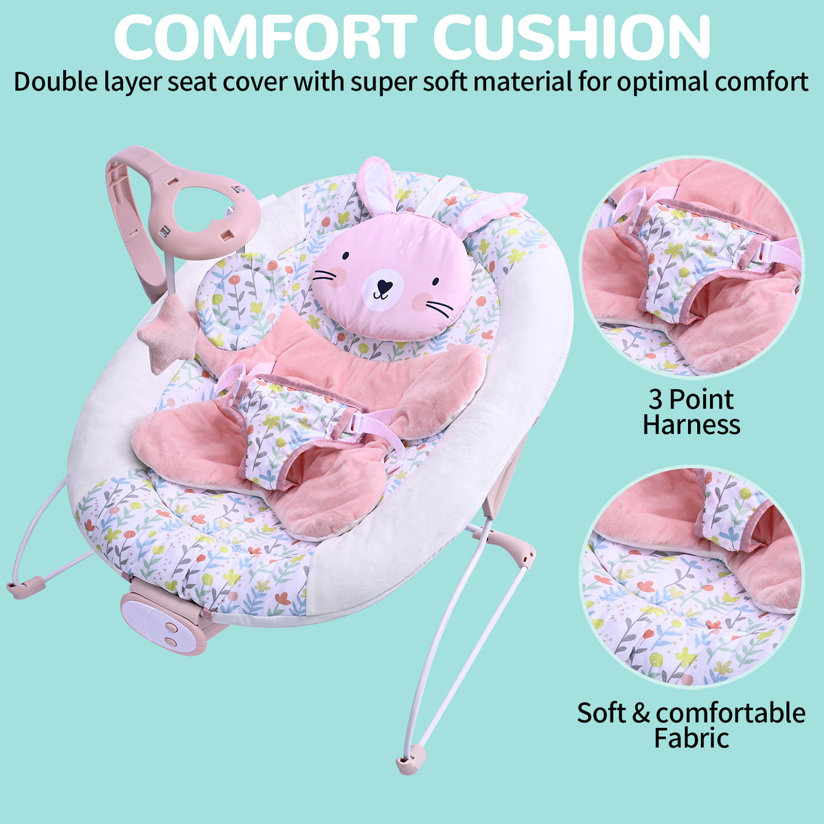 LADIDA Baby Bouncer for Birth to 6 Months, Baby-Rocker with 3 Speeds and 8 Soothing Songs, Vibrating Infant Seat with Removable Toy Bar, Portable and Lightweight - 274