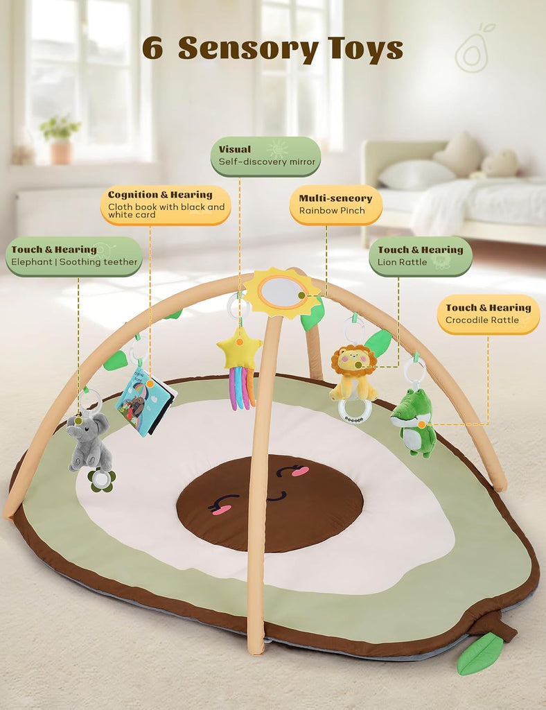 LADIDA Baby Play Mat - Large Avocado Shaped Playmat with 6 Detachable Toys | Newborn Activity Gym for 0+ Months| Sensory Playmat for Motor Skills,Washable Infant Baby Essentials