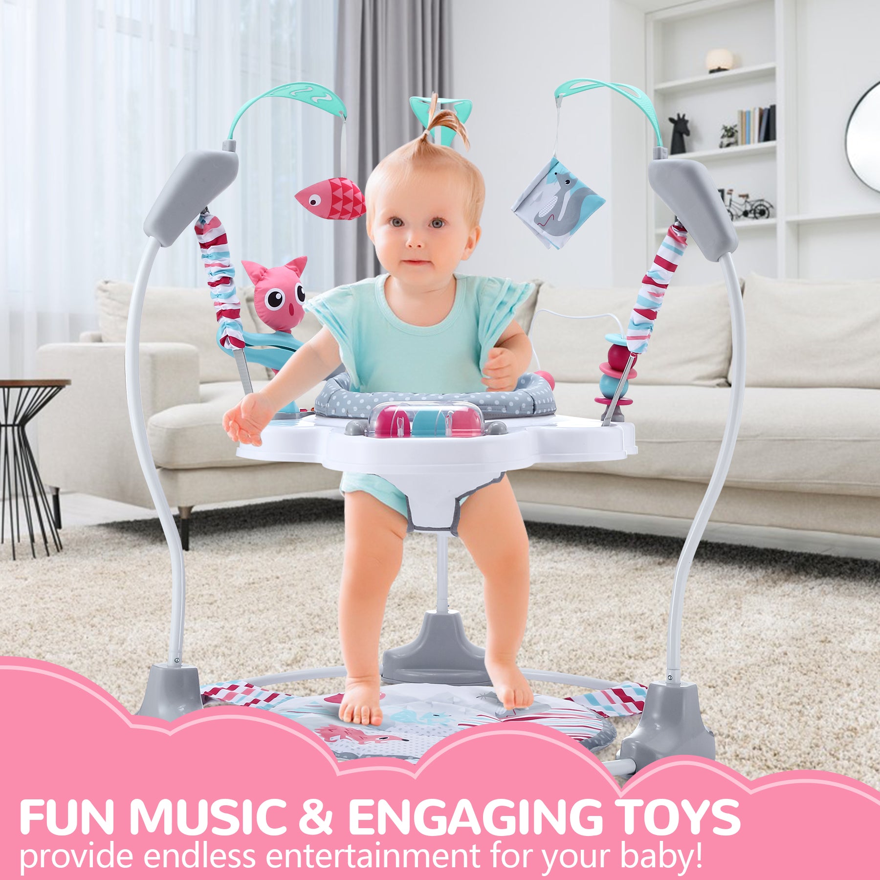 LADIDA Stationary Jumperoo Baby Bouncer Chair Acrobat - 360° Rotating Seat, Musical Toys, and Adjustable Heights (Nordic Forest Pink)