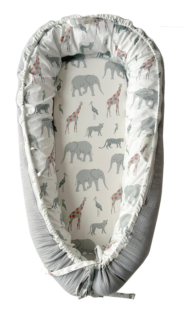 LADIDA Baby Nest Pod 100% Cotton, Soft Breathable & Washable | Ideal for infants aged 0–12 months, wraparound design delivers a cosy space for little boys and girls indoors (Grey Elephan)