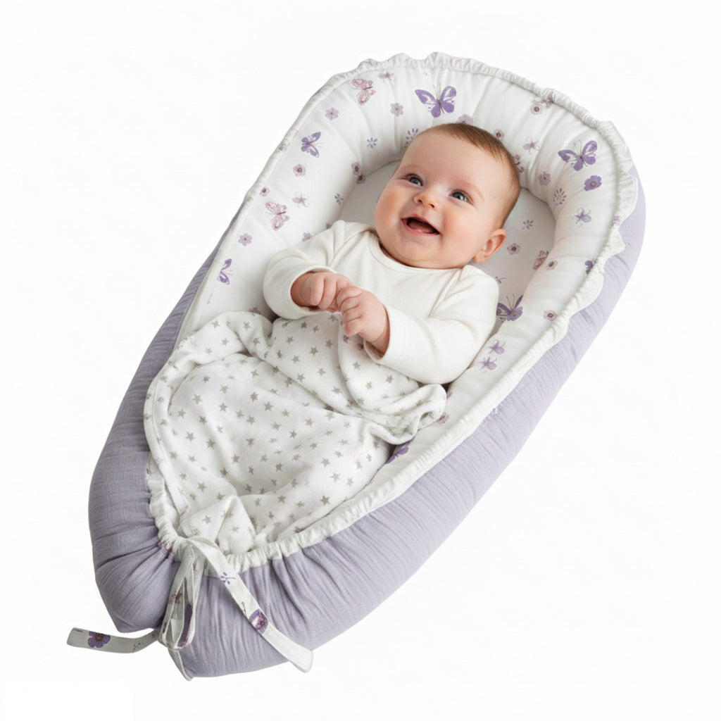 LADIDA Baby Nest Pod 100% Cotton, Soft Breathable & Washable | Ideal for infants aged 0–12 months, wraparound design delivers a cosy space for little boys and girls indoors (Lilac)
