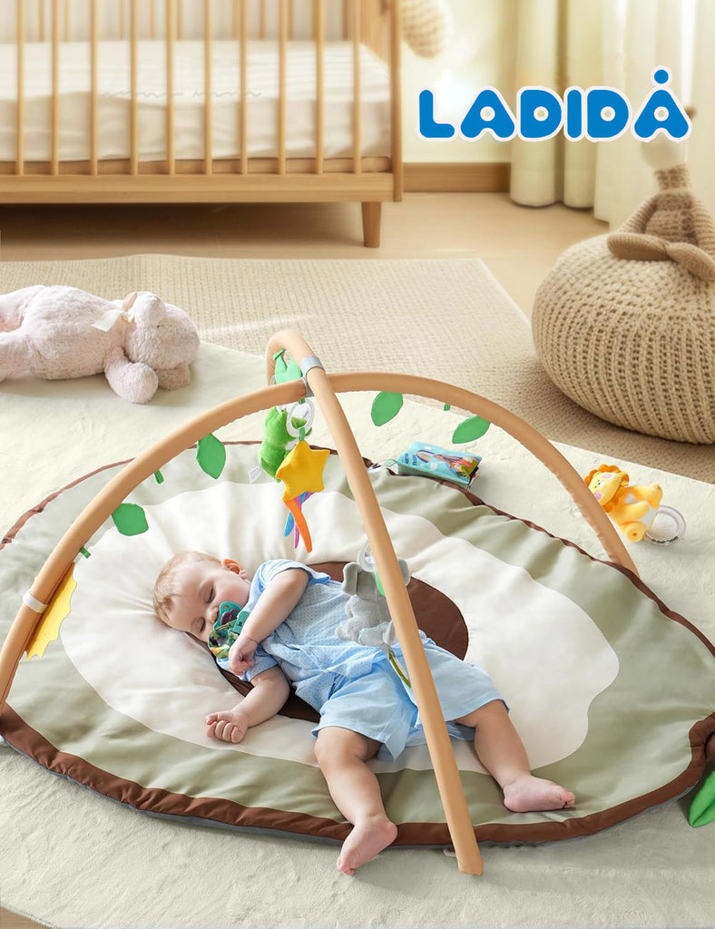 LADIDA Baby Play Mat - Large Avocado Shaped Playmat with 6 Detachable Toys | Newborn Activity Gym for 0+ Months| Sensory Playmat for Motor Skills,Washable Infant Baby Essentials