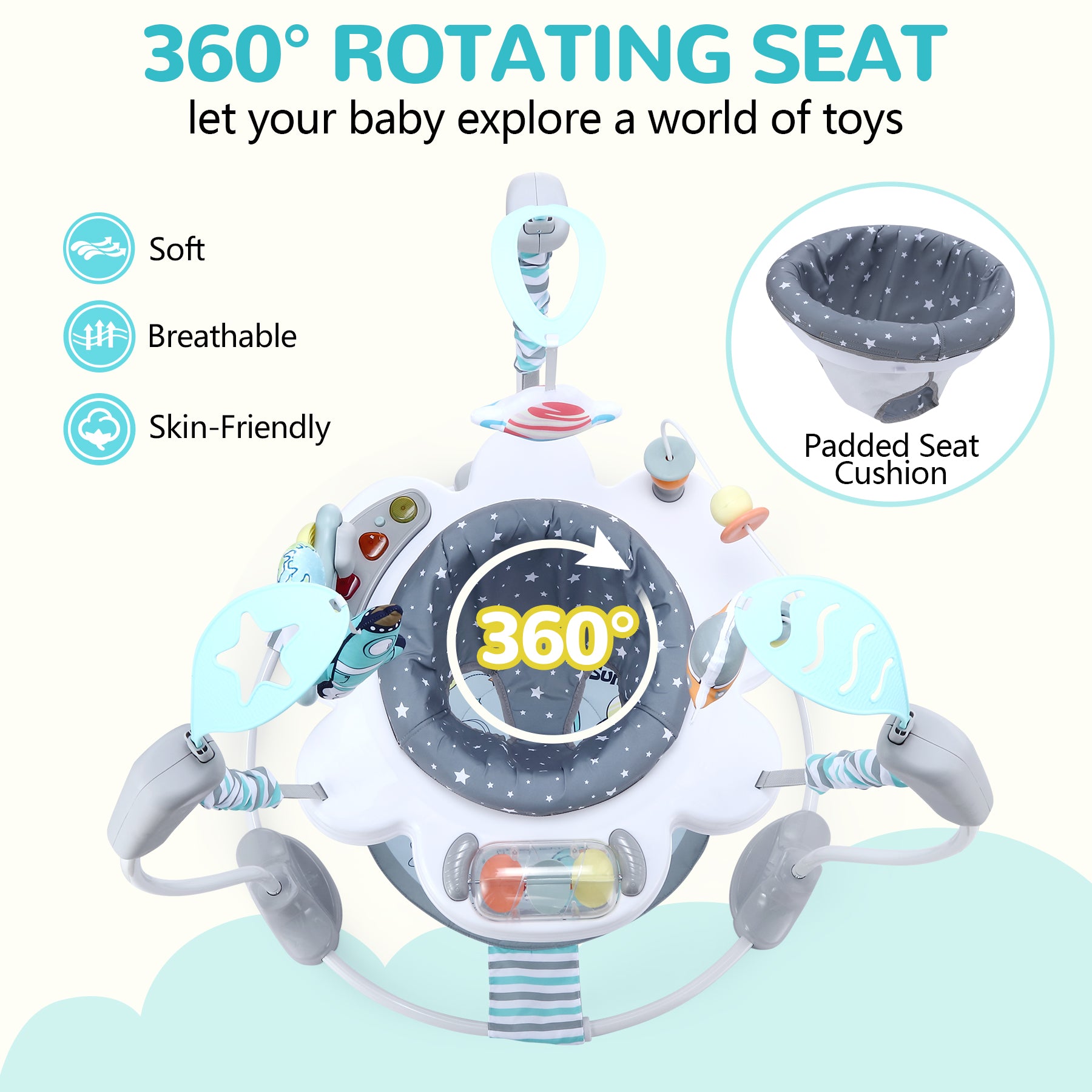 LADIDA Stationary Jumperoo Baby Bouncer Chair Acrobat - 360° Rotating Seat, Musical Toys, and Adjustable Heights (Space Tour Grey)
