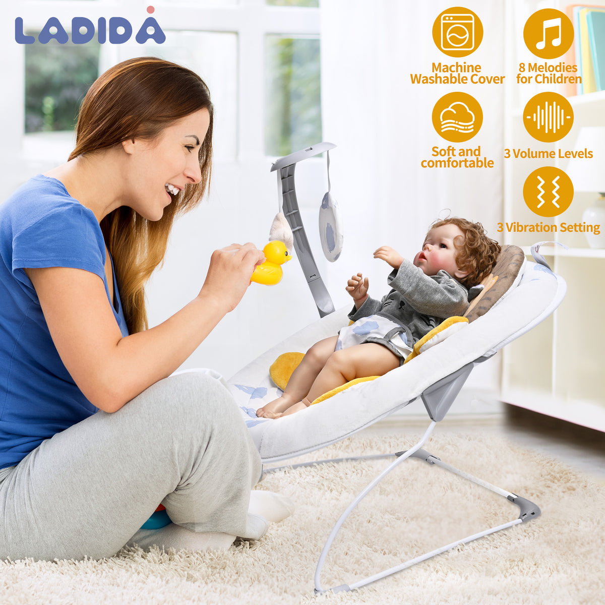 LADIDA Lion Baby Bouncer from Birth 0-6 Months, Vibrating Infant Seat with Removable Toy Bar,Baby-Rocker with 3 Speeds and 8 Soothing Songs, Portable and Lightweight (401)