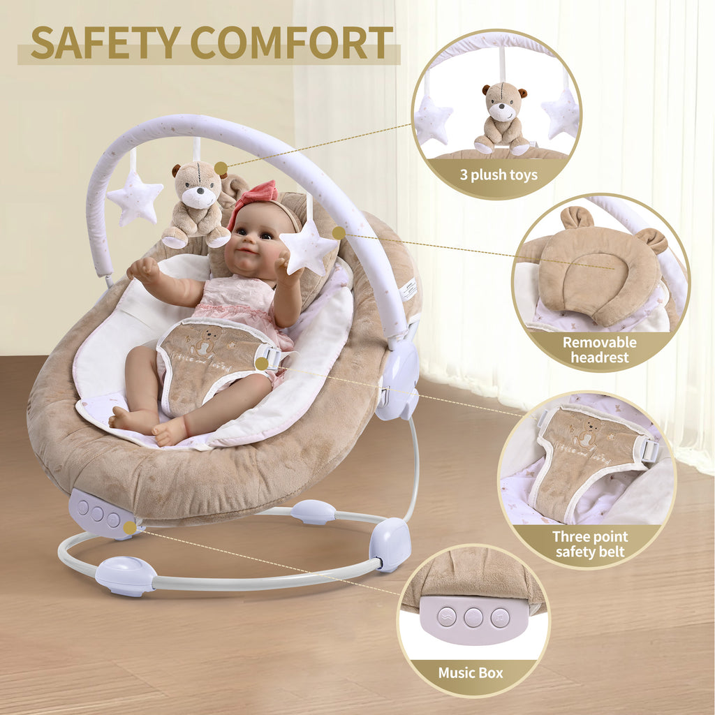 LADIDA Brown Teddy Bear Soft Padded Reclinable Baby Bouncer with Music, White Noise, Viberation - 78