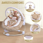 LADIDA Brown Teddy Bear Soft Padded Reclinable Baby Bouncer with Music, White Noise, Viberation - 78
