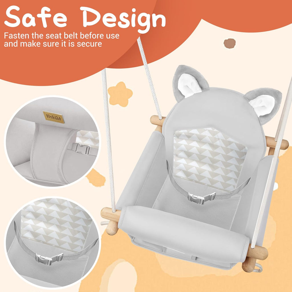 LADIDA Wooden Baby Swing with Soft Safety Belt, Infant Swing Seat for Indoor & Outdoor Use, Adjustable Height, Includes Mounting Hardware – Suitable for Babies & Toddlers