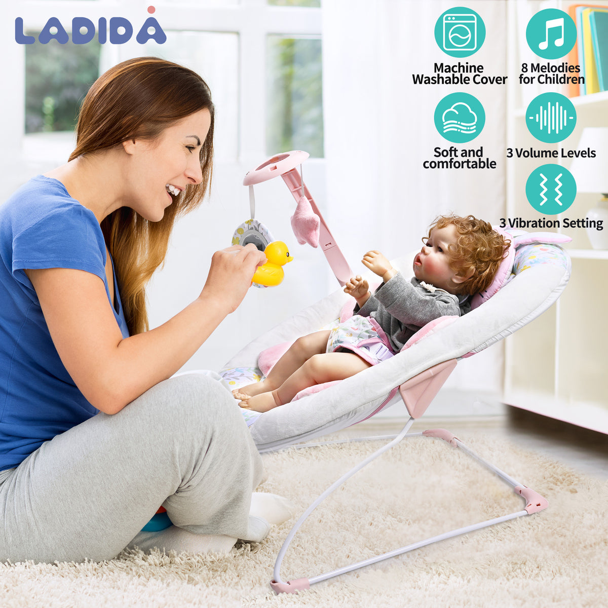 Ladida Padded Baby Bouncer LADIDA Large Pink Bunny Super Soft Baby