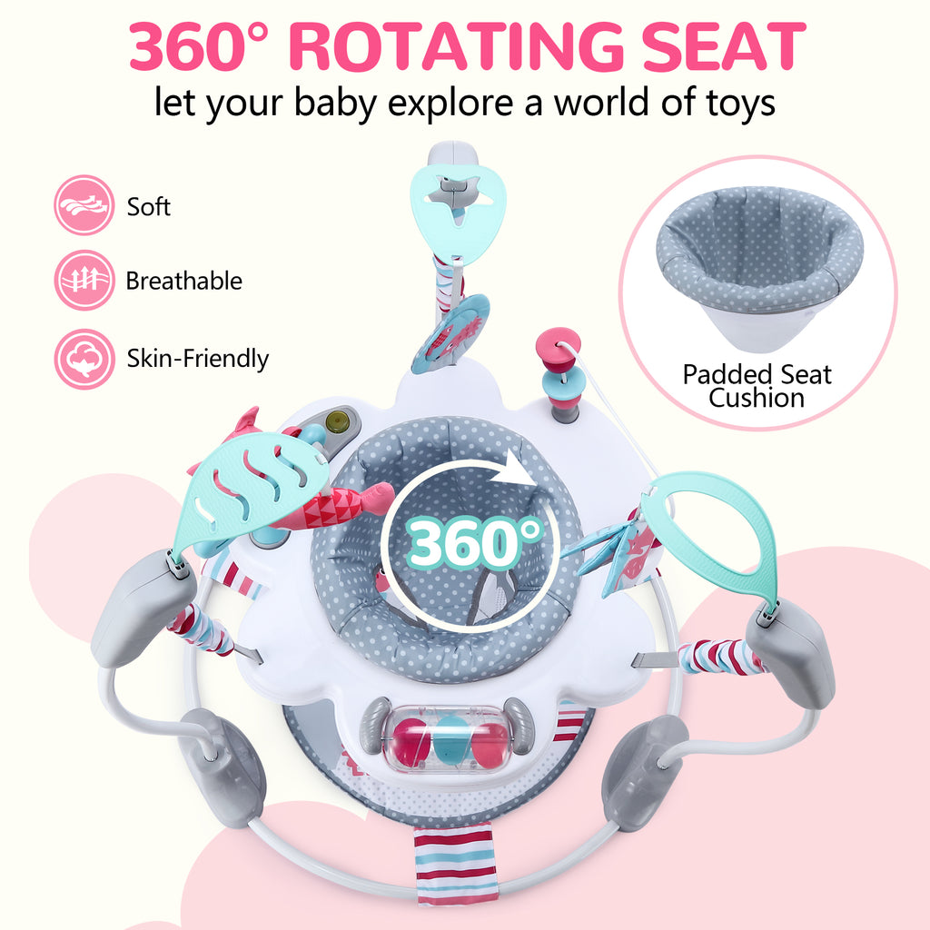 LADIDA Stationary Jumperoo Baby Bouncer Chair Acrobat - 360° Rotating Seat, Musical Toys, and Adjustable Heights (Nordic Forest Pink)