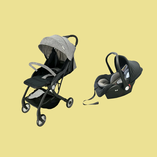 Grey Compact Lightweight Baby Pushchair with Car Seat.