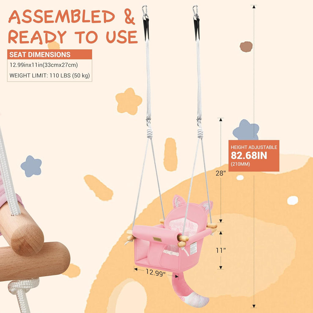 LADIDA Wooden Baby Swing with Soft Safety Belt, Infant Swing Seat for Indoor & Outdoor Use, Adjustable Height, Includes Mounting Hardware – Suitable for Babies & Toddlers