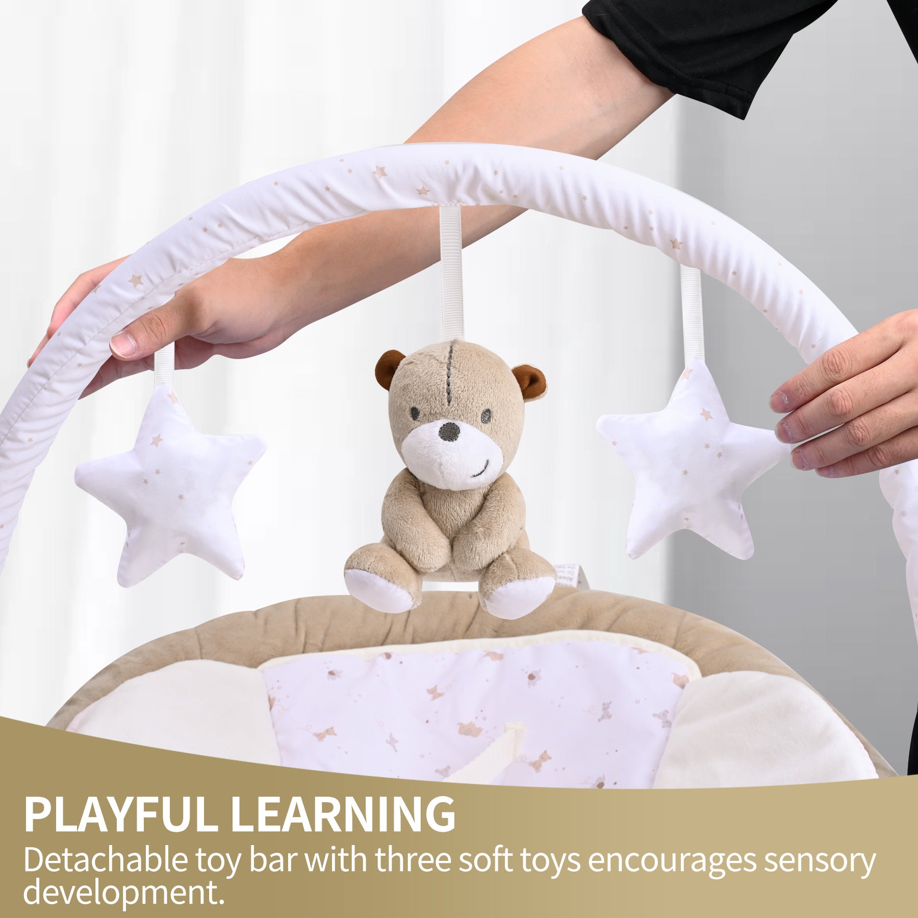 LADIDA Brown Teddy Bear Soft Padded Reclinable Baby Bouncer with Music, White Noise, Viberation - 78