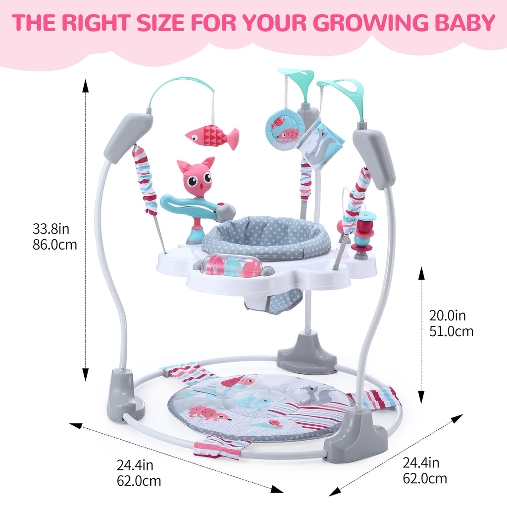 LADIDA Stationary Jumperoo Baby Bouncer Chair Acrobat - 360° Rotating Seat, Musical Toys, and Adjustable Heights (Nordic Forest Pink)