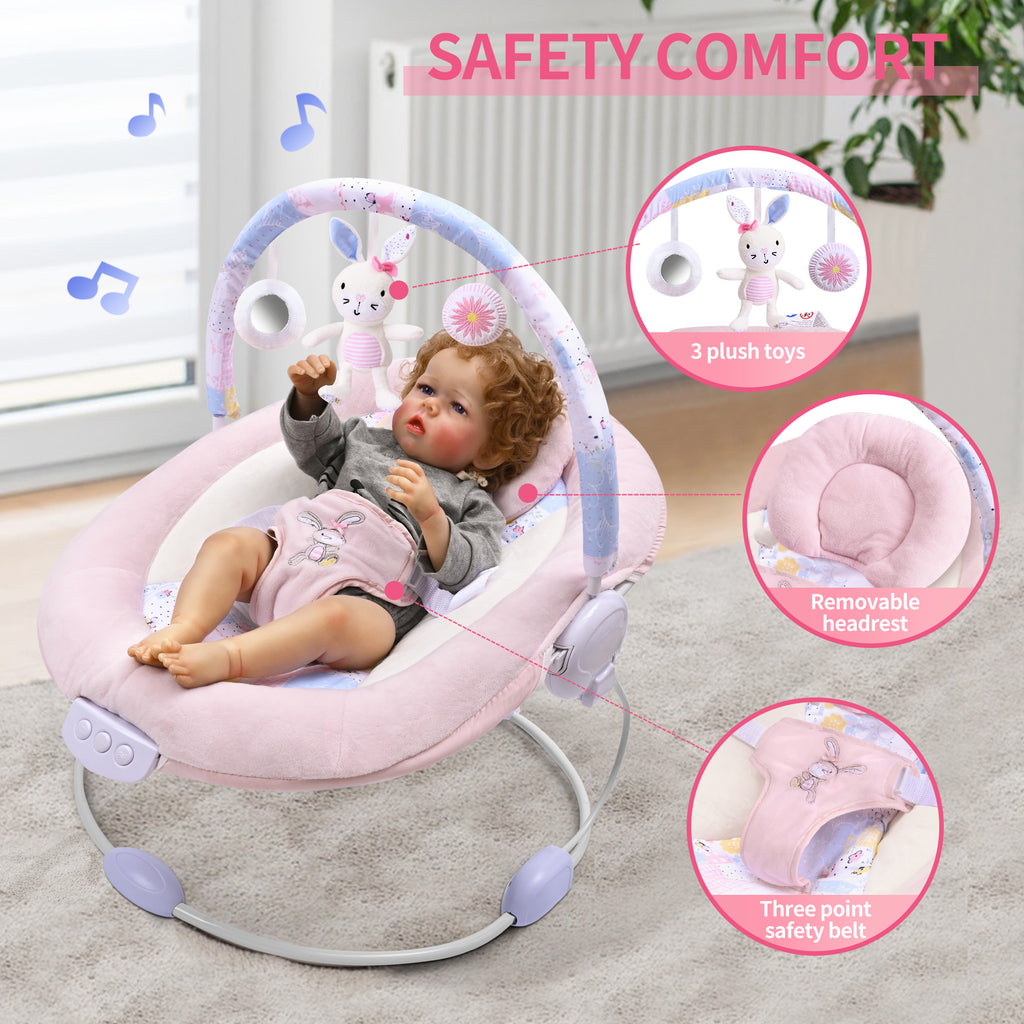 Spring Pink Flower Soft Padded Reclinable Baby Bouncer with Music, White Noise, Viberation Baby Bouncer - 76