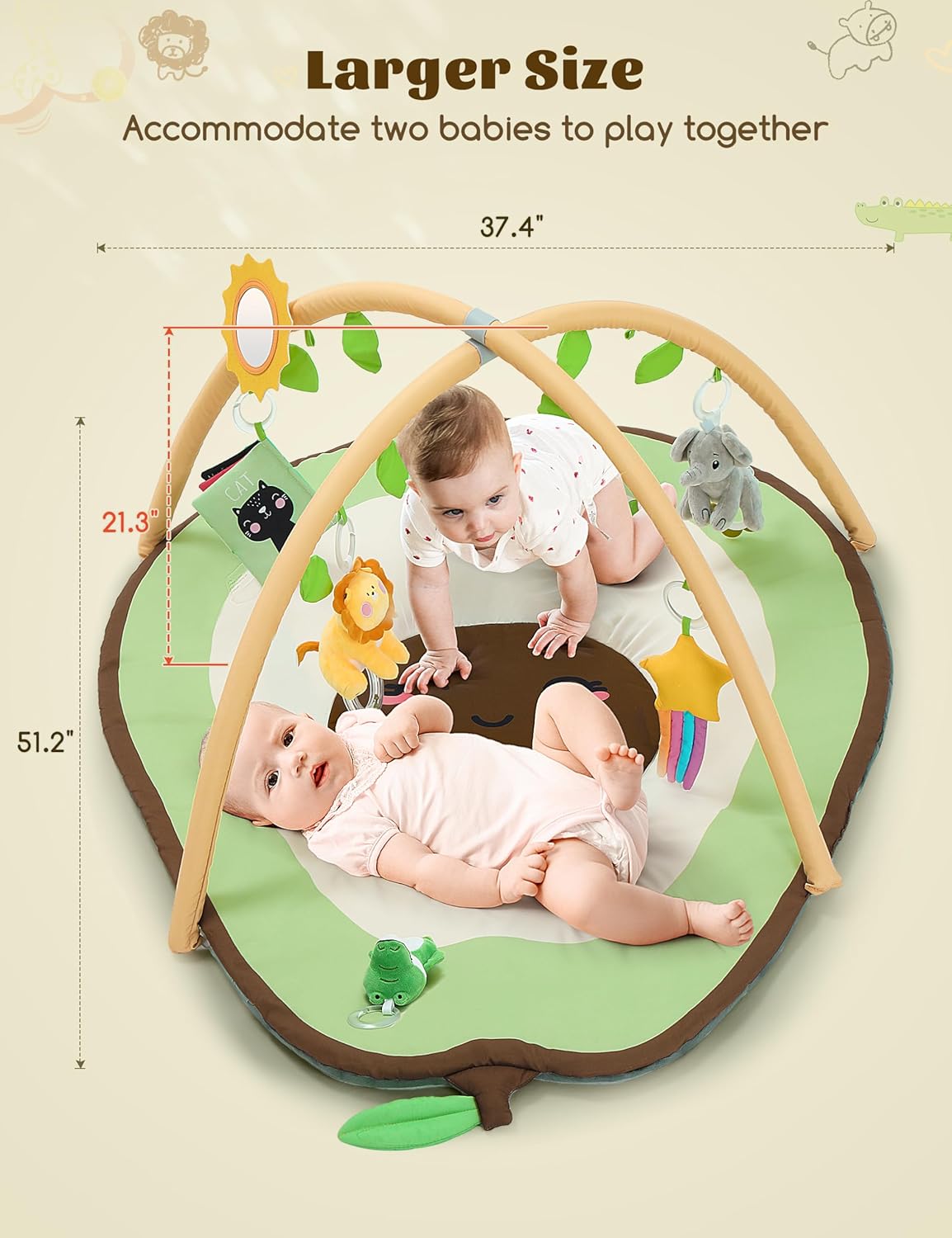 LADIDA Baby Play Mat - Large Avocado Shaped Playmat with 6 Detachable Toys | Newborn Activity Gym for 0+ Months| Sensory Playmat for Motor Skills,Washable Infant Baby Essentials