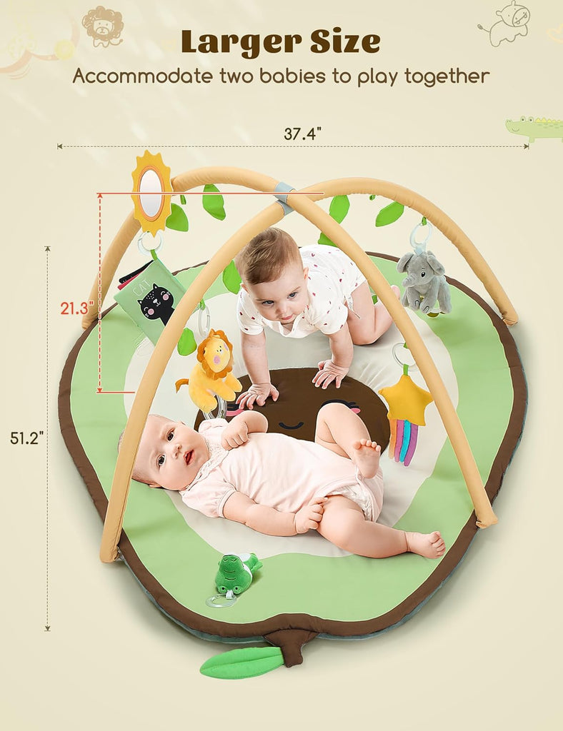 LADIDA Baby Play Mat - Large Avocado Shaped Playmat with 6 Detachable Toys | Newborn Activity Gym for 0+ Months| Sensory Playmat for Motor Skills,Washable Infant Baby Essentials