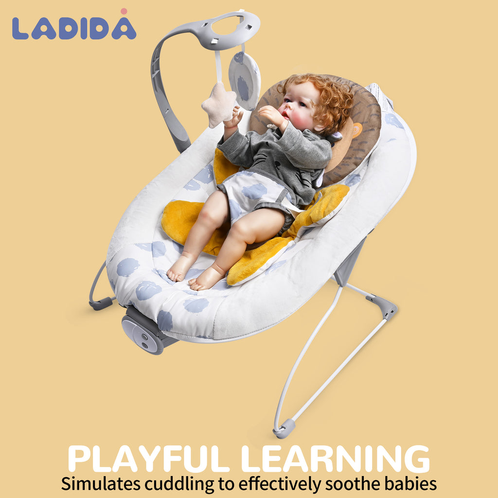 LADIDA Lion Baby Bouncer from Birth 0-6 Months, Vibrating Infant Seat with Removable Toy Bar,Baby-Rocker with 3 Speeds and 8 Soothing Songs, Portable and Lightweight (401)
