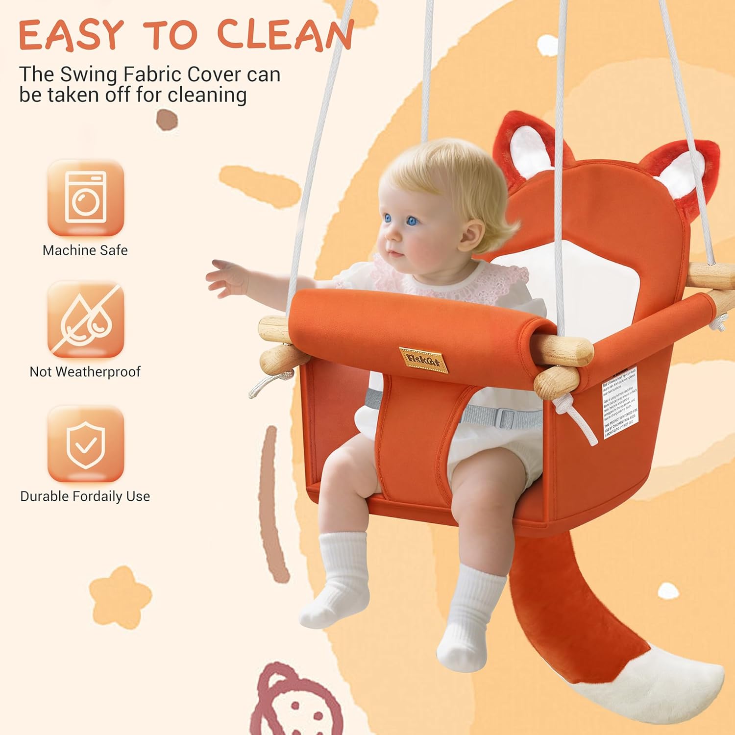 LADIDA Wooden Baby Swing with Soft Safety Belt, Infant Swing Seat for Indoor & Outdoor Use, Adjustable Height, Includes Mounting Hardware – Suitable for Babies & Toddlers
