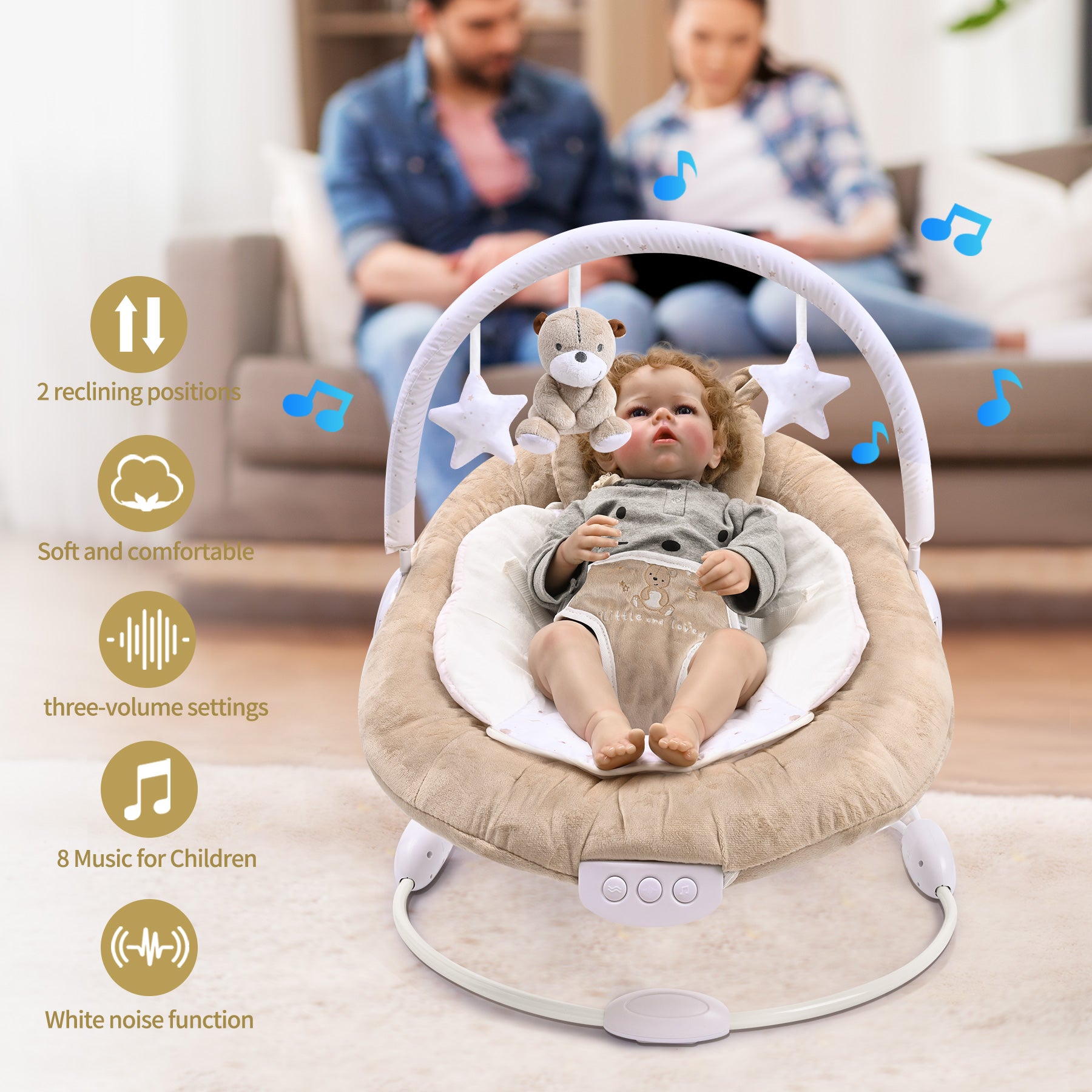 LADIDA Brown Teddy Bear Soft Padded Reclinable Baby Bouncer with Music, White Noise, Viberation - 78