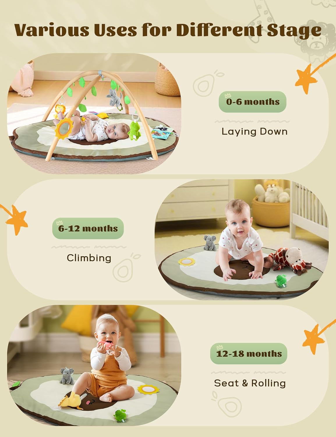 LADIDA Baby Play Mat - Large Avocado Shaped Playmat with 6 Detachable Toys | Newborn Activity Gym for 0+ Months| Sensory Playmat for Motor Skills,Washable Infant Baby Essentials