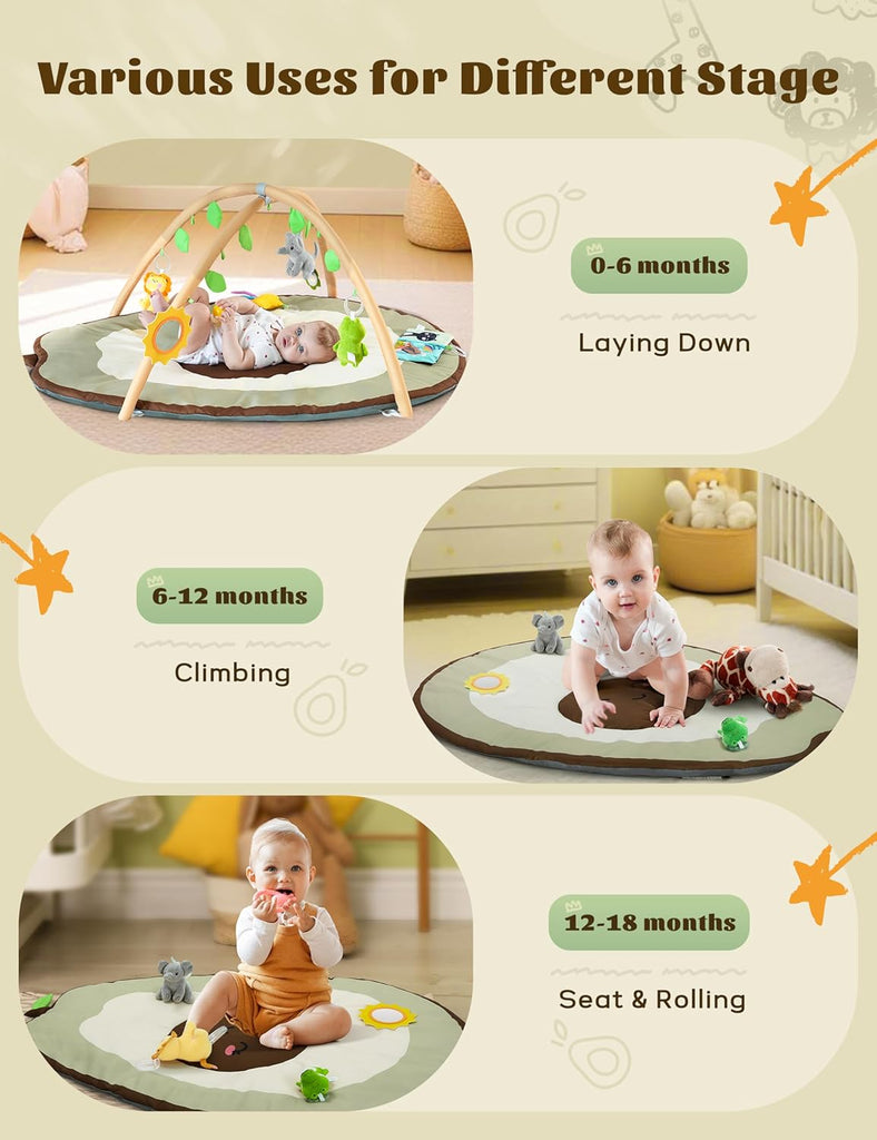LADIDA Baby Play Mat - Large Avocado Shaped Playmat with 6 Detachable Toys | Newborn Activity Gym for 0+ Months| Sensory Playmat for Motor Skills,Washable Infant Baby Essentials