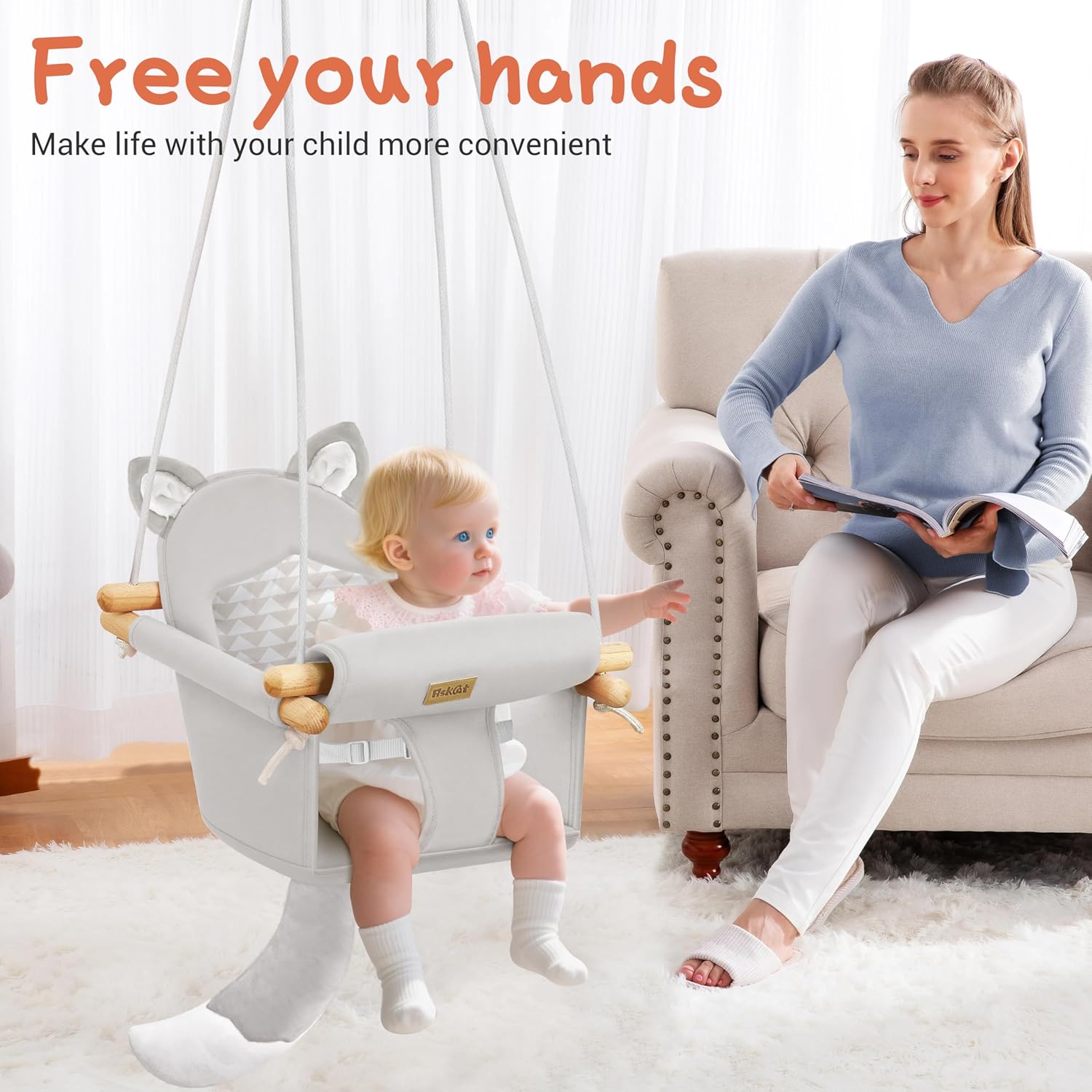 LADIDA Wooden Baby Swing with Soft Safety Belt, Infant Swing Seat for Indoor & Outdoor Use, Adjustable Height, Includes Mounting Hardware – Suitable for Babies & Toddlers