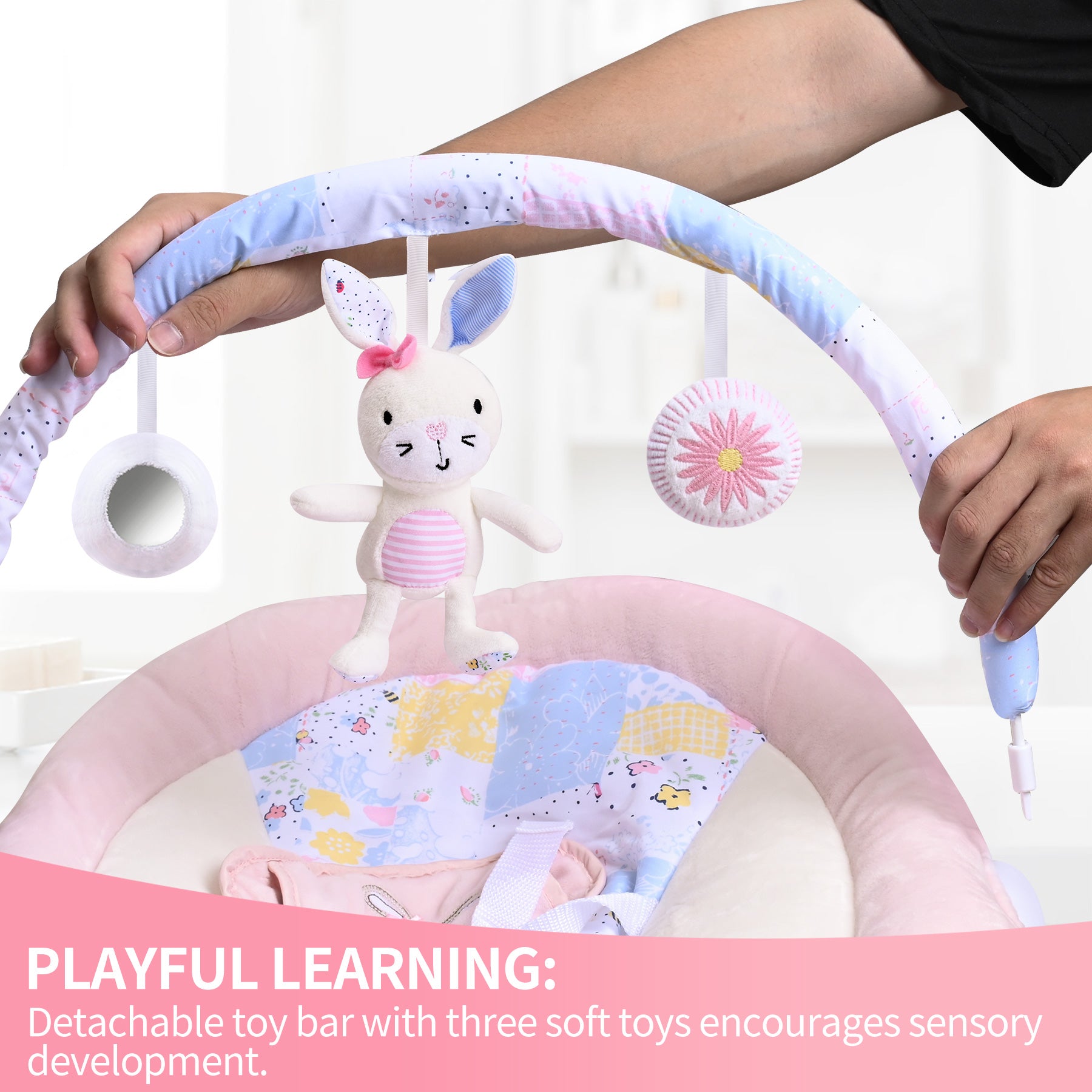 Spring Pink Flower Soft Padded Reclinable Baby Bouncer with Music, White Noise, Viberation Baby Bouncer - 76