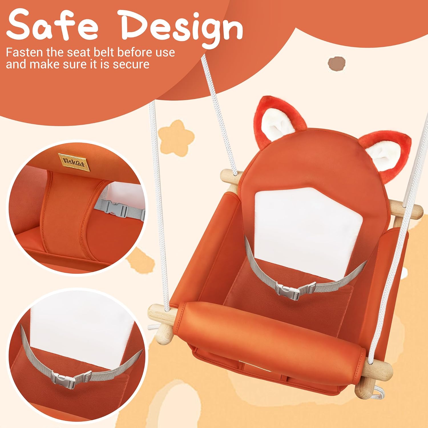 LADIDA Wooden Baby Swing with Soft Safety Belt, Infant Swing Seat for Indoor & Outdoor Use, Adjustable Height, Includes Mounting Hardware – Suitable for Babies & Toddlers