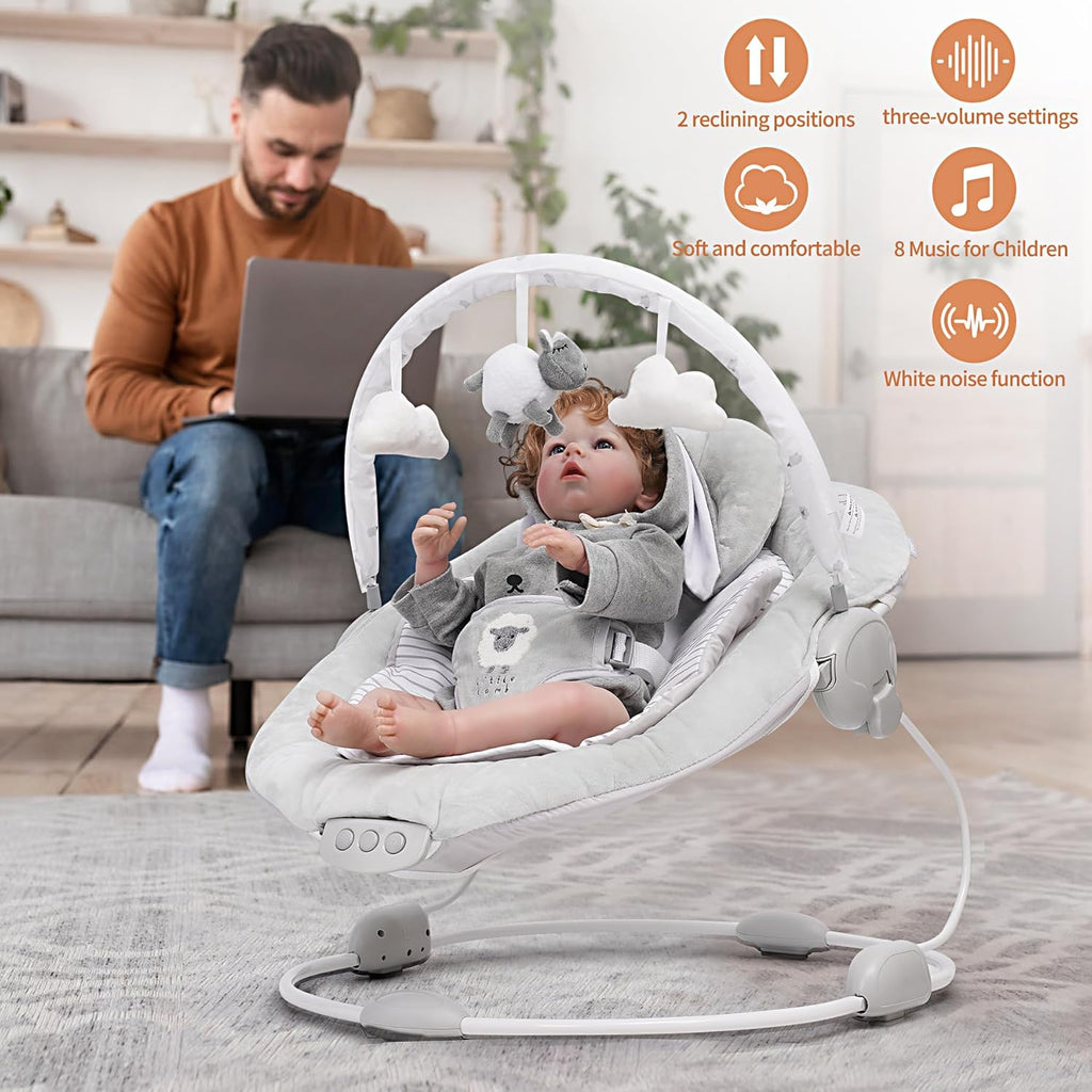 Grey Lamb Soft Padded Reclinable Baby Bouncer with Music, White Noise, Viberation - 77