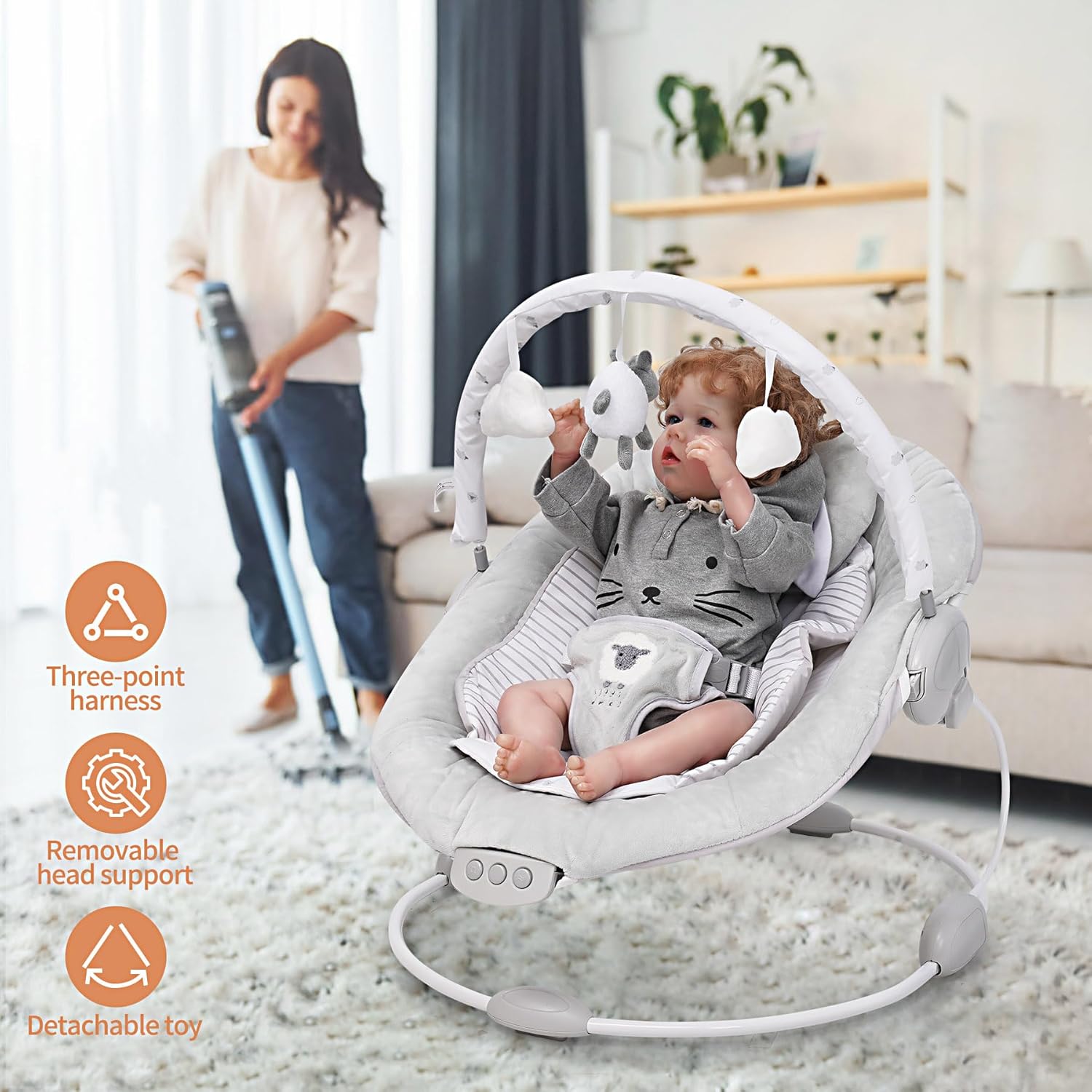 Grey Lamb Soft Padded Reclinable Baby Bouncer with Music, White Noise, Viberation - 77