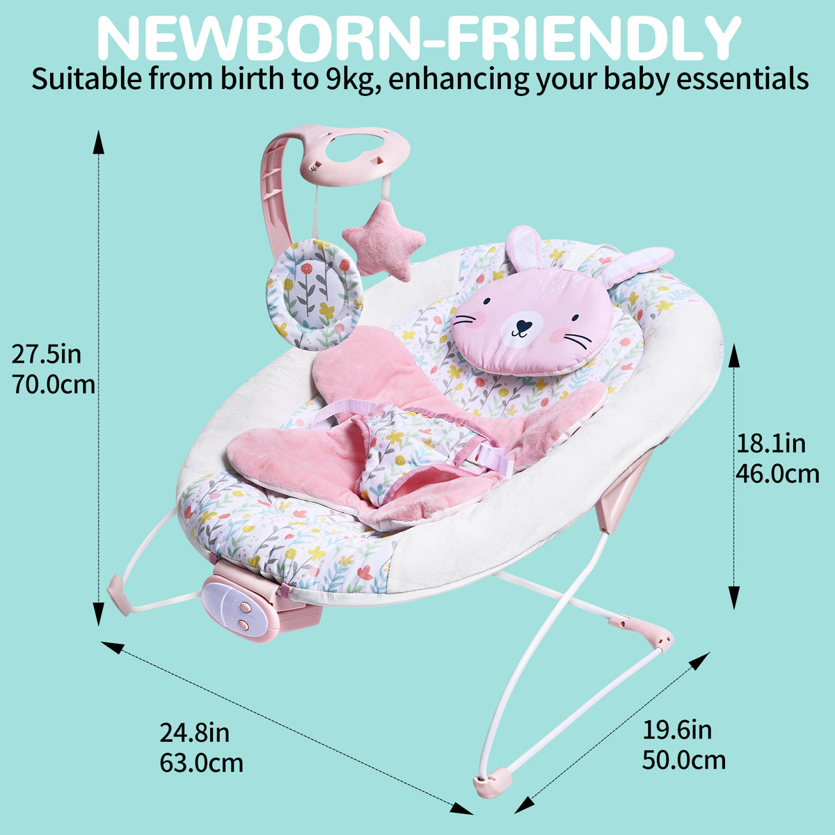 LADIDA Baby Bouncer for Birth to 6 Months, Baby-Rocker with 3 Speeds and 8 Soothing Songs, Vibrating Infant Seat with Removable Toy Bar, Portable and Lightweight - 274