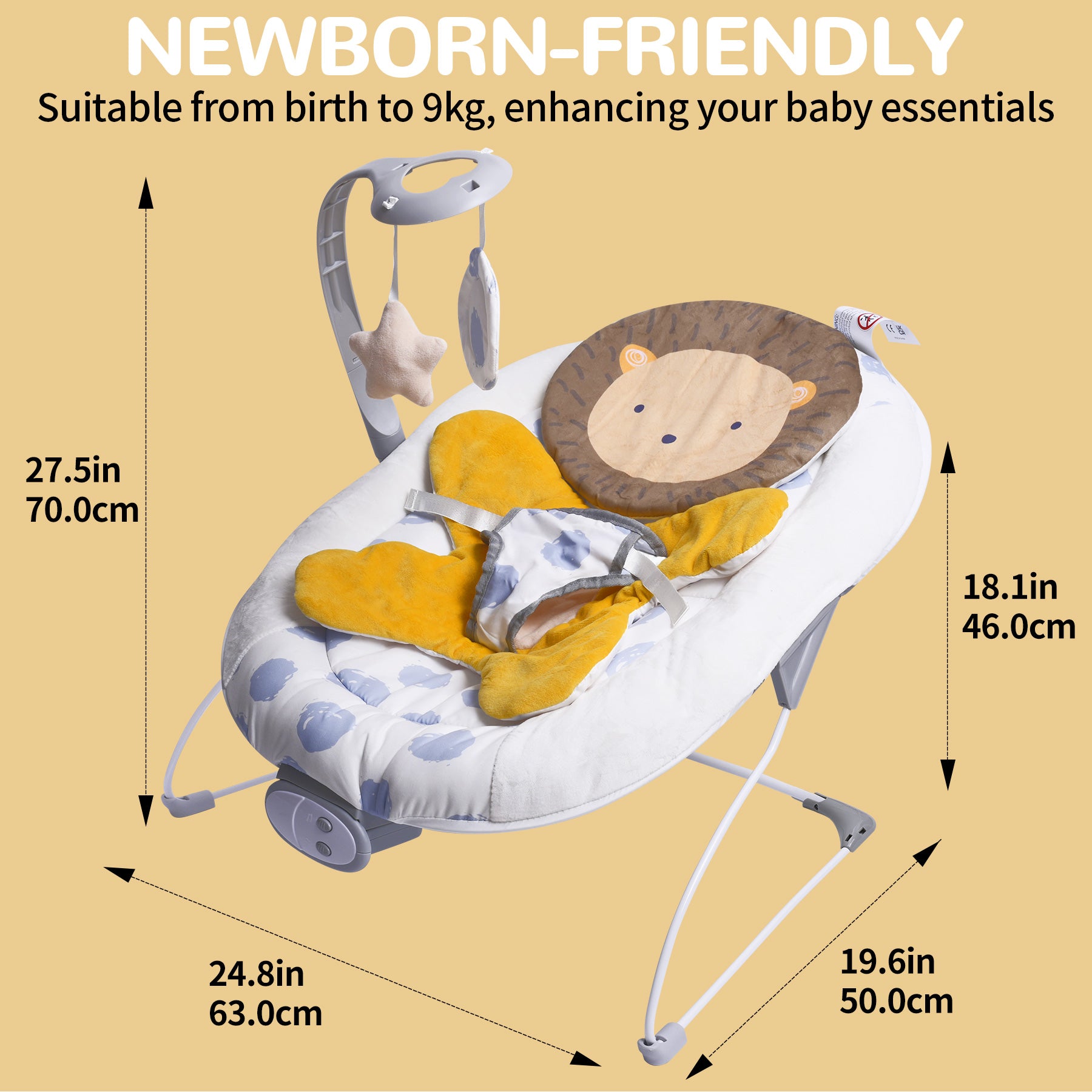 LADIDA Lion Baby Bouncer from Birth 0-6 Months, Vibrating Infant Seat with Removable Toy Bar,Baby-Rocker with 3 Speeds and 8 Soothing Songs, Portable and Lightweight (401)