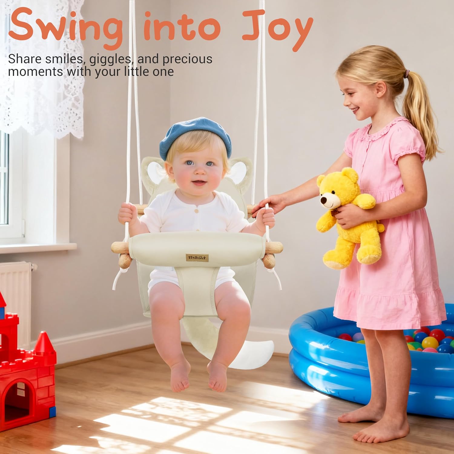 LADIDA Wooden Baby Swing with Soft Safety Belt, Infant Swing Seat for Indoor & Outdoor Use, Adjustable Height, Includes Mounting Hardware – Suitable for Babies & Toddlers