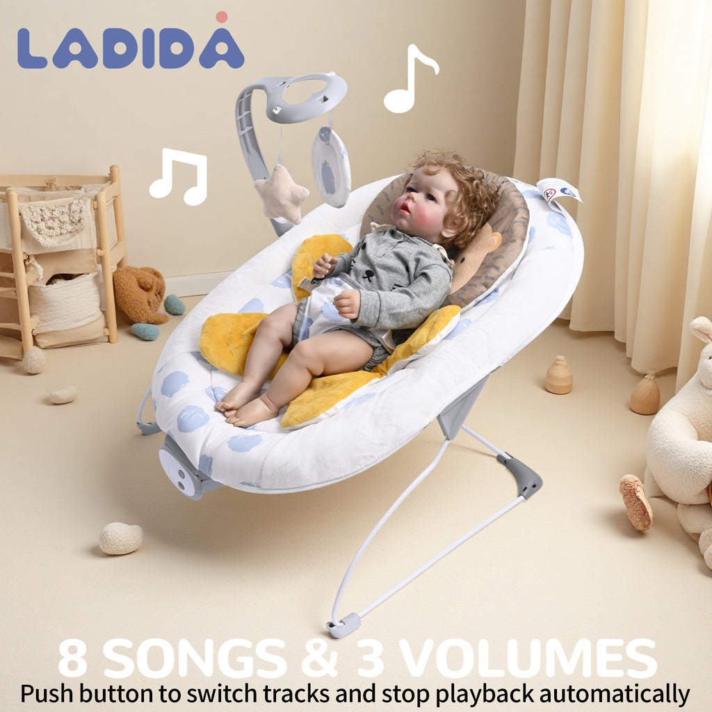 LADIDA Lion Baby Bouncer from Birth 0-6 Months, Vibrating Infant Seat with Removable Toy Bar,Baby-Rocker with 3 Speeds and 8 Soothing Songs, Portable and Lightweight (401)