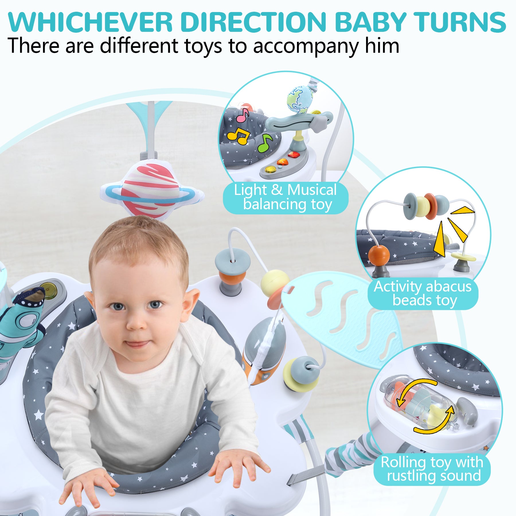 LADIDA Stationary Jumperoo Baby Bouncer Chair Acrobat - 360° Rotating Seat, Musical Toys, and Adjustable Heights (Space Tour Grey)