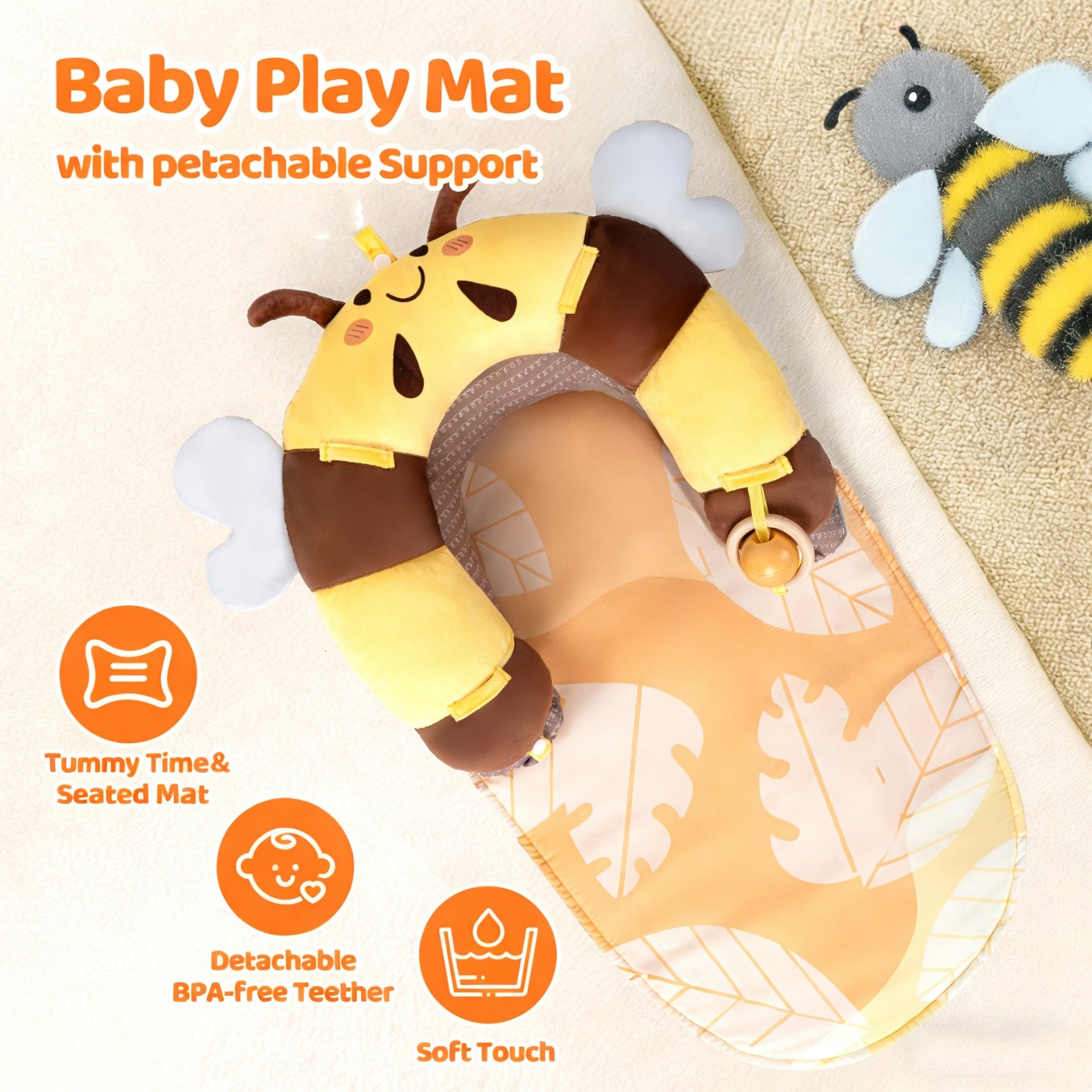 LADIDA 4-in-1 Baby Tummy Time Pillow & Seated Support Playmat,Easy to Clean,Cute Bee Design for 0-36Months Infant (Yellow) 2503