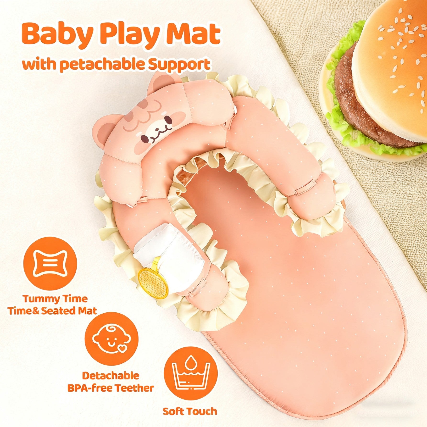LADIDA 4-in-1 Baby Tummy Time Pillow & Seated Support Playmat, Easy to Clean, Cute Hamburger Design for 0-36Months Infant (Peach Pink) 2504