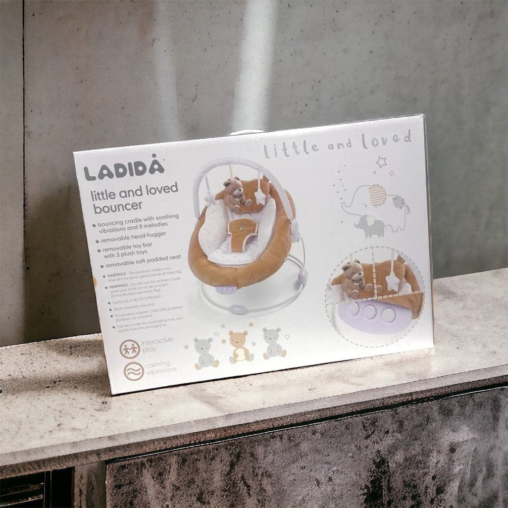LADIDA Brown Teddy Bear Soft Padded Reclinable Baby Bouncer with Music, White Noise, Viberation - 78