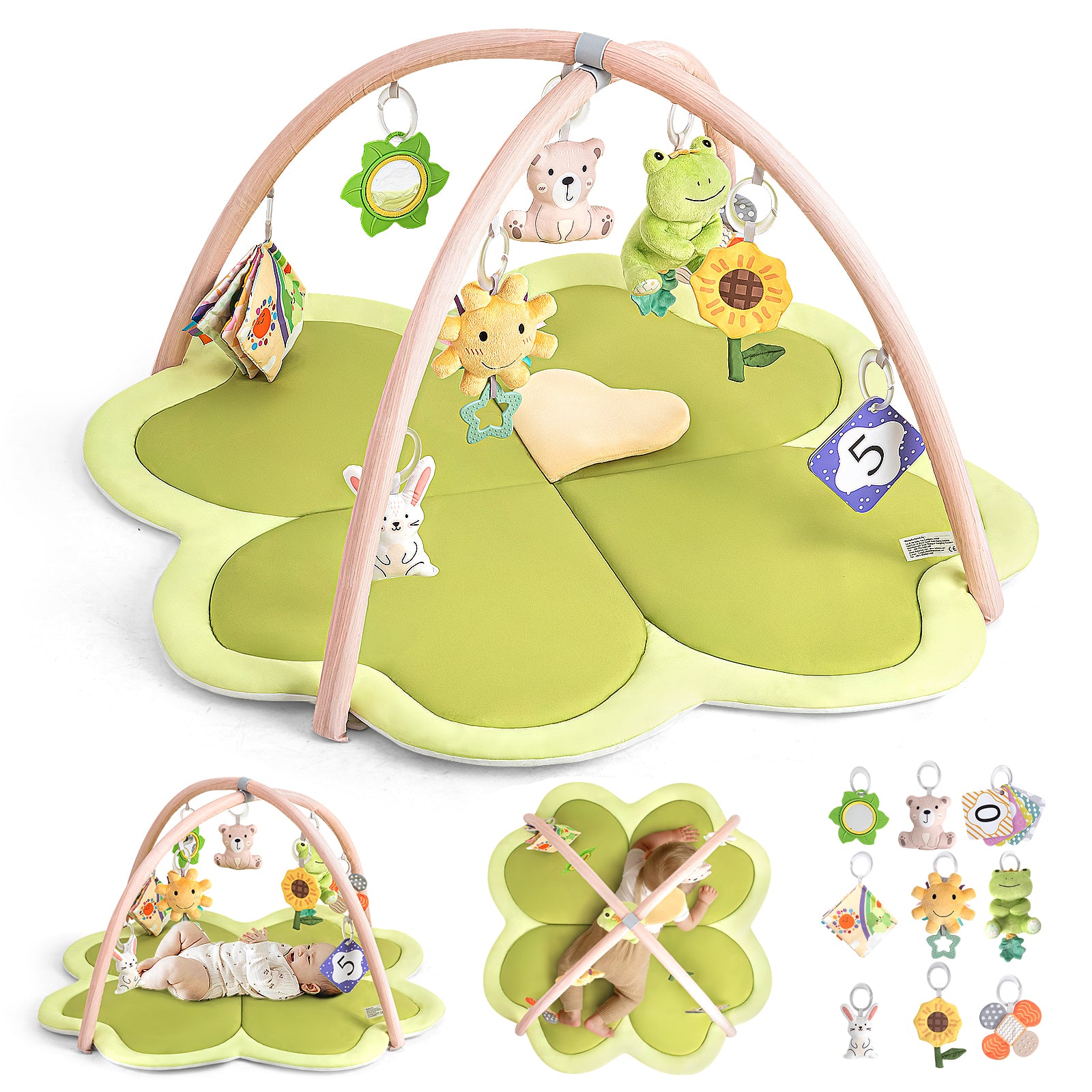 LADIDA Baby Play Mat & Activity Gym, Larger Four-Leaf Clover Shaped Tummy Time Mat Suitable for Babies 0-36 Months Oliver Green 2403