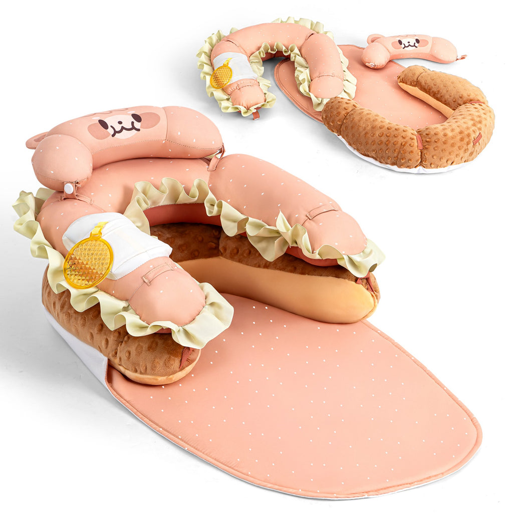 LADIDA 4-in-1 Baby Tummy Time Pillow & Seated Support Playmat, Easy to Clean, Cute Hamburger Design for 0-36Months Infant (Peach Pink) 2504