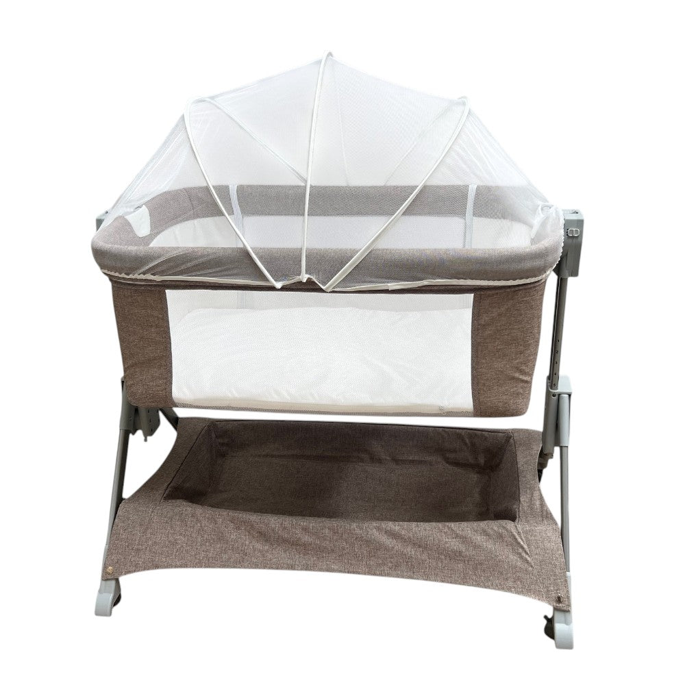 LADIDA 4-in-1 Bedside Baby Crib - 6-Level Adjustable, Easy Fold Travel Cot with Wheels, Storage, Mosquito Net & Mattress, Portable for Newborn (Oatmeal)