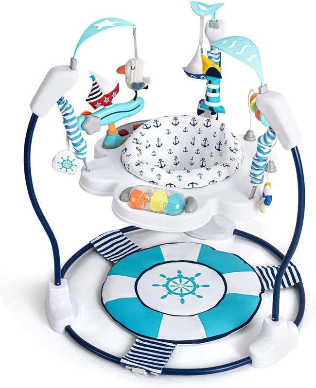 LADIDA Stationary Jumperoo Baby Bouncer Chair Acrobat - 360° Rotating Seat, Musical Toys, and Adjustable Heights (Nautical Activity Blue) Hover Image