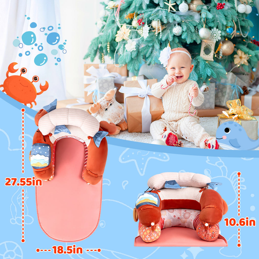 LADIDA 4-in-1 Baby Tummy Time Pillow & Seated Support Playmat,Easy to Clean,Cute Crab Design for 0-36Months Infant (Red) 2502